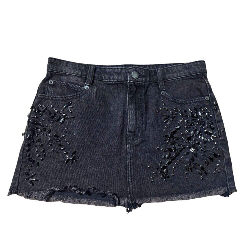 Black Denim Free People Size 0 Edgy Goth Western Boho Studded Fringe Mini Skirt